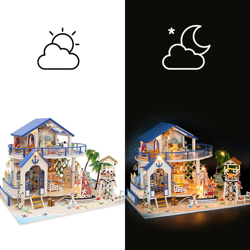 dwa domki miniaturowy przedstawione w nocy i w dzień